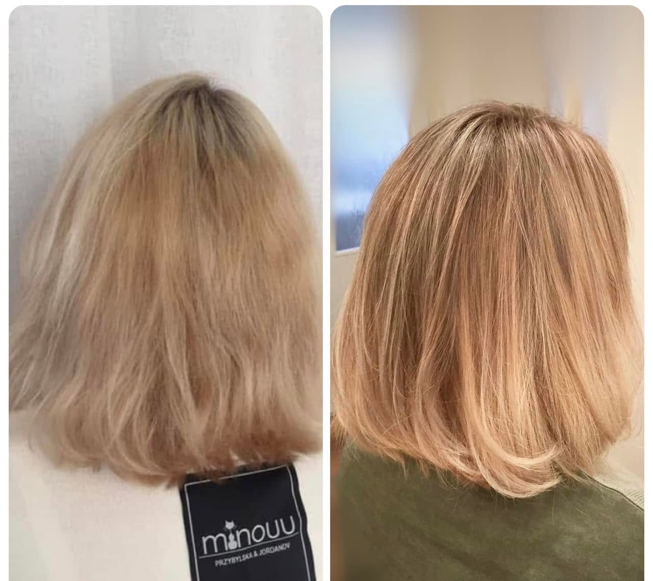 Přirozenější blond s tmavšími proužky po lowlights a tónování
